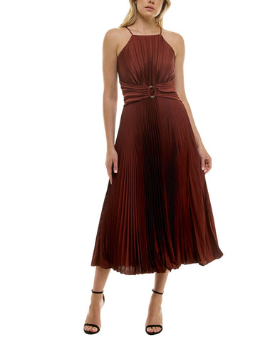 Taylor Womens Halter Belted Pleated Chiffon Midi Dress 4035M Spice Brown 8