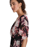 DKNY Tie-Waist Ruched Puff Sheer Sleeves Dress Raisin Purple Multi 4