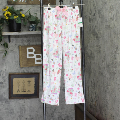 Max & Olvia Satin Holiday Christmas Pajama Pants Ivory Off White Multi L (10/12)