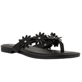Sugar Womens Vegan Leather Flip Flops with Embellished Floral Design Black 9M