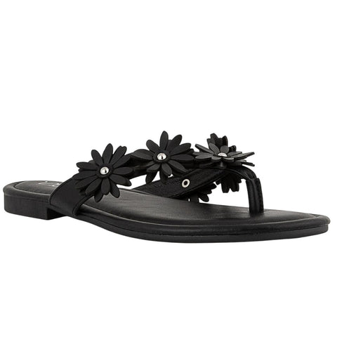 Sugar Womens Vegan Leather Flip Flops with Embellished Floral Design Black 9M
