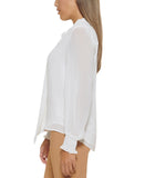 Calvin Klein Mock Neck Bow Tie Front Ruffled Cuffs Blouse Top Cream Off White XL