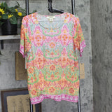 Ruby Rd Damask Print Knit Scoop Neck Short Sleeve Tee Fuschia Pink Multi 1X