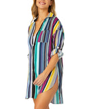 Anne Cole Cover Up Shirt with Buttons Roll Tab Barcode Stripe Blue Multi L/XL