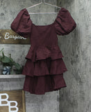 Crystal Doll Sweetheart-Neck Puffed Sleeve Fit Flare Dress Merlot Red 2XS