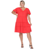 White Mark Short Sleeve V-Neck Tiered Ruffle Hem Knit Dress PS3880-04/3X Red 3X