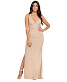 B Darlin Juniors Glitter-Knit Back-Tie V-Neck Gown Dress Nude Brown Gold 11/12