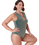 Andie Metallic Glitter Adjustible High Neck One-Piece Swimsuit Cascade Green S