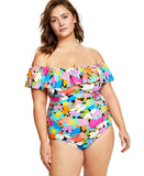 Swim Solutions Off-The-Shoulder Ruffled Swimsuit Floral Frenzy Multi Blue 18W