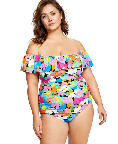 Swim Solutions Off-The-Shoulder Ruffled Swimsuit Floral Frenzy Multi Blue 18W