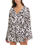 Bar III Resort Daze Printed Bell-Sleeve Romper Cover Up Ivory Black Multi XS