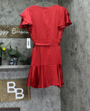 DKNY Petite Satin Flutter Tiered Sleeve V Neck Fit Flare Dress XD4ITB82 Red 8P