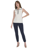 Tommy Hilfiger Womens Rib Knit Sleeveless Polo Shirt Ivory White / Midnight XL