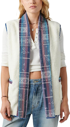 Lucky Brand Womens Oversized Quilted Vest Antique White Multi S