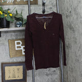 American Eagle Acrylic Wool Open Knit Pullover Sweater V-Neck Berry Purple S