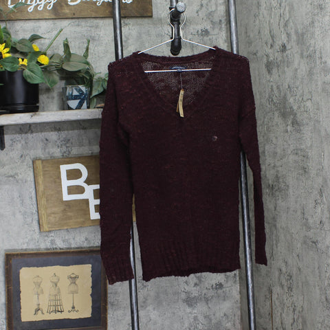 American Eagle Acrylic Wool Open Knit Pullover Sweater V-Neck Berry Purple S