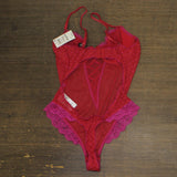 INC International Concepts Womens Floral Mesh Thong Bodysuit Crimson Leaf Red L