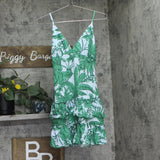 Aqua Womens Linen Blend Palm Print V-Neck Mini Dress Light Blue / Green XS