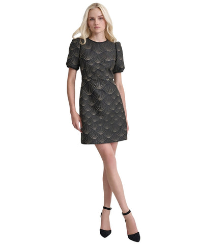 DKNY Womens Petite Puffed-Sleeve Brocade-Texture Mini Dress Black / Gold 6P