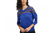 DKNY Women's Mesh Striped Yoke Crewneck Sweater P2JSCA70 Deep Cobalt Blue XL