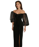 Donna Karan Off the Shoulder Sheer Puff Sleeve Evening Gown Dress Black 14