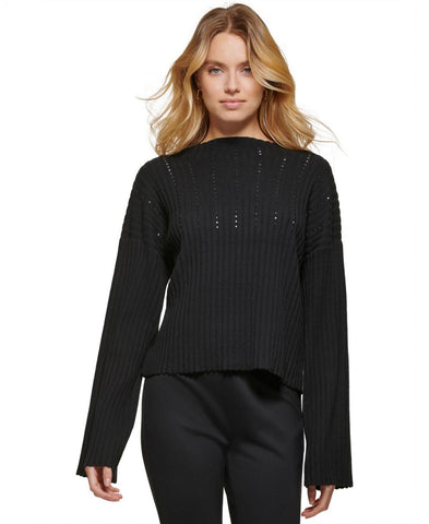 DKNY Women's Studded-Front Cowlneck Long-Sleeve Sweater Black / Gunmetal M