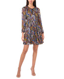 MSK Petite Paisley Split-Neck Chiffon Pleated Dress Black / Navy Multi PS