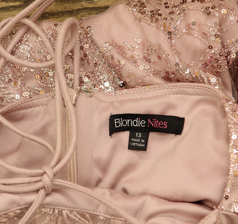 Blondie Nites Juniors Glitter Sequined Corset-Bodice Gown Dress Rose Pink 13