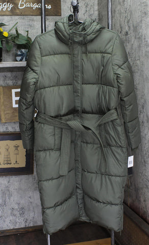 Sebby Collection Womens Long Belted Puffer Coat with Hood Jacket Olive Green S