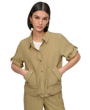 DKNY Snap Front Roll Tab Short Sleeve Shacket Jacket Shirt Pale Moss Green XS