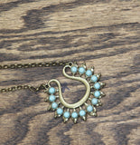 Premier Designs Fashion Horseshoe Lyre Stone Pendant Necklace Brass / Blue 35"