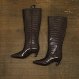 INC International Concepts Mid-Heel Knee High Boots Kitten Heels Brown Croc 7M