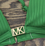 Michael Michael Kors Womens Ribbed Hardware V-Neck Bikini Top Swim True Green S