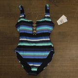 Michael Michael Kors Ring Accent Striped One-Piece Swimsuit Black Blue Multi 12