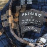 Primark Mens Regular Fit Cotton Button Up Flannel Shirt Blue Orange Plaid XS