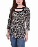 Ny Collection Petite 3/4 Sleeve with Combo Bands and Front Cutout Top PCKU0515P