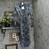 Calvin Klein Womens Patterned Satin Button Up Belted Dress Inkwell Blue Multi XS