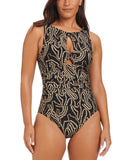 Beyond Control Womens Foil Me Once High-Neck One Piece Swimsuit Black Multi 6