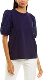 Anne Klein Womens Eyelet Puffed Sleeve Top 10825832 Navy Blue 2XS