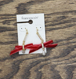 Francesca's Dangly Rhinestone Ribbon Faux Pearl Drop Earrings Gold / Red 2"