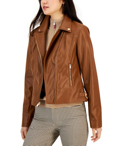 Tommy Hilfiger Women's Faux-Leather Moto Jacket J2XJ4815 Saddle Brown S