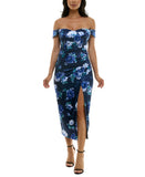 City Studios Womens Printed Off-The-Shoulder Dress Gown 5126AH9AT3 Navy Blue 12