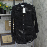 Dotti Womens Cotton Openwork Dot Cover-up Beach Shirt Roll Tab Sleeve Black S