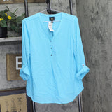 JM Collection Surplice Roll-Tab Sleeve Half-Button Blouse Top Turquoise Blue M