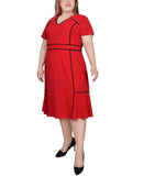 Ny Collection Womens Plus Size Short Sleeve Piped Detail Dress Red / Black 1X