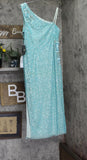 Adrianna Papell One Shoulder Side Slit Dress Gown Aqua Luster Blue 14