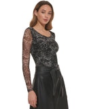 DKNY Womens Scoop-Neck Printed Mesh Long-Sleeve Bodysuit P2JH1OQK Black Multi XL