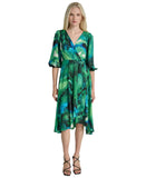 DKNY Womens Printed Sash Tie V Neck Tulip Hem Midi Dress Black / Green 6