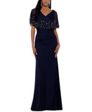 B&A By Betsy & Adam Embellished Maxi Evening Dress Gown Woven Navy Blue 12