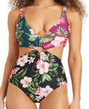 Bar III Fine Plunge Ring Over-the-Shoulder Monokini One Piece Black Multi M